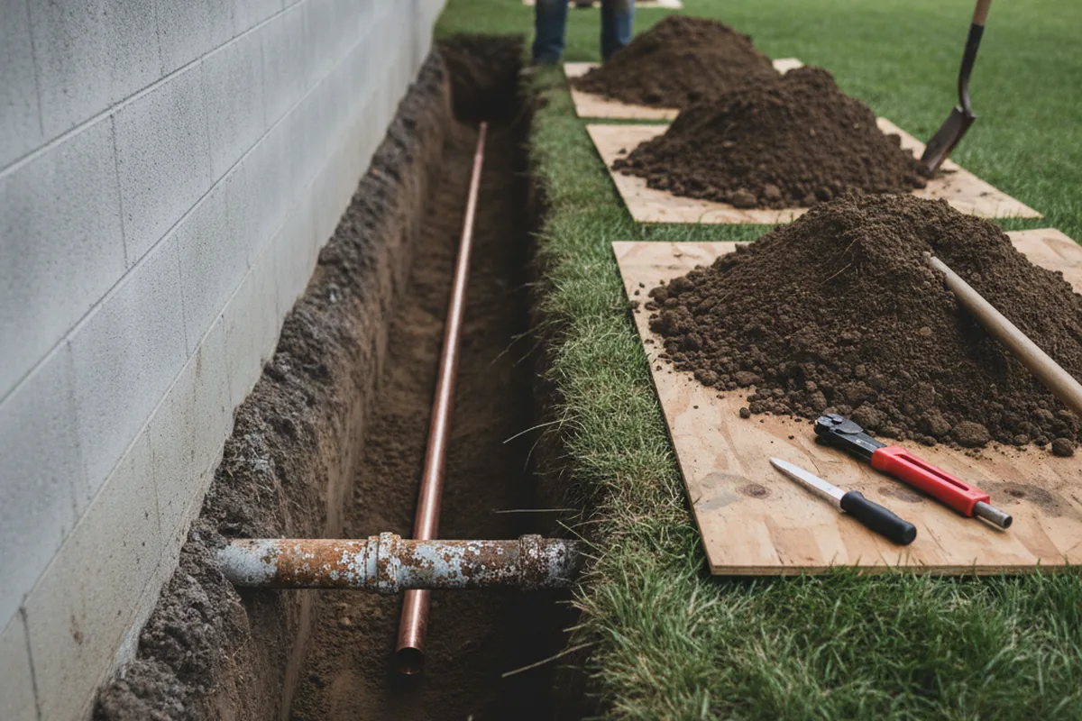 Excavated water line trench during Water Softener Installation in New Troy